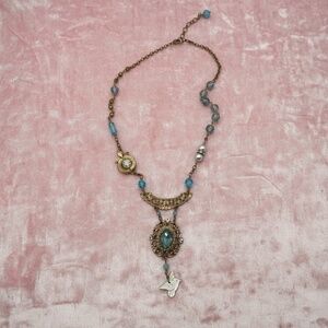 Vintage Blue Crystal Pendant Necklace • Filigree Brass Statement Necklace, Boho
